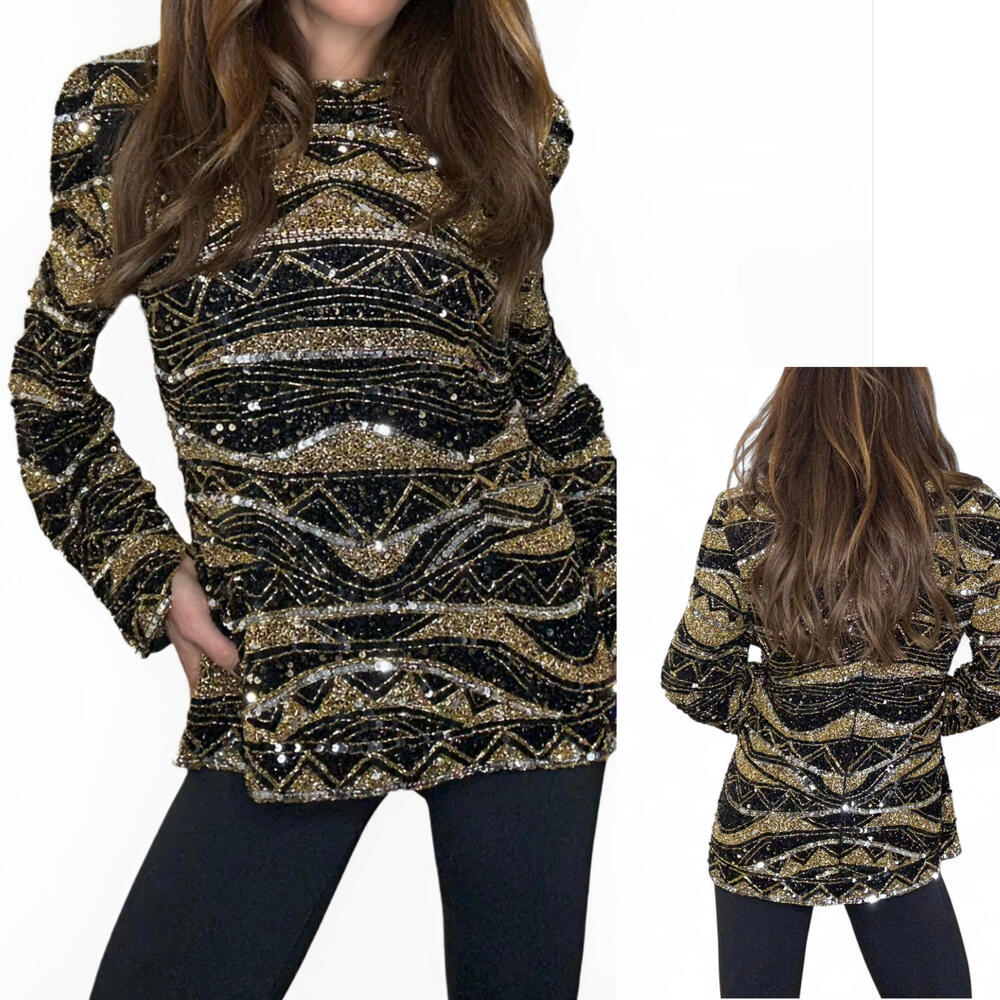 Vintage BLACK TIE OLEG CASSINI Oleg | SZ M | Embellished Beaded Sequin Silk Top - Picture 5 of 11